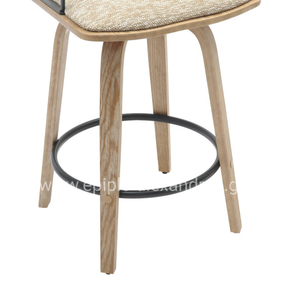 BAR STOOL JUDI HM9985.01 PLYWOOD IN WHITEWASH-BLACK METAL-BEIGE FABRIC 48x52x92Hcm.