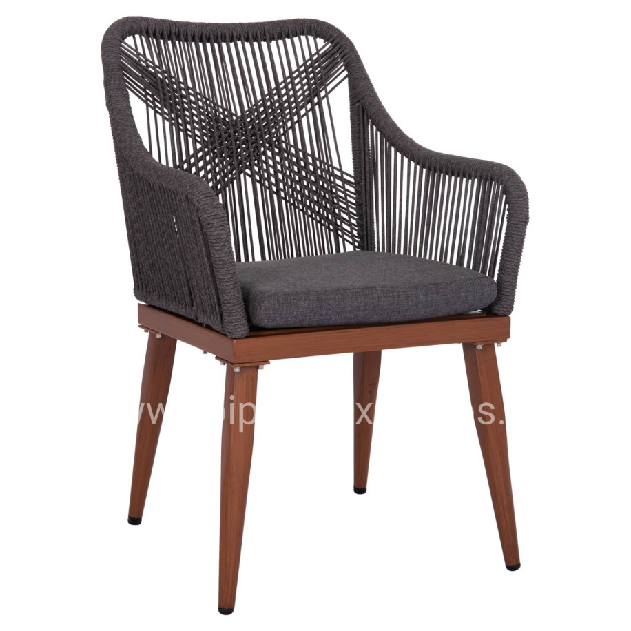 ALUMINUM ARMCHAIR MYRTIA HM5549.11 GREY ROPE - WALNUT COLORED LEGS 60x64x88Hcm