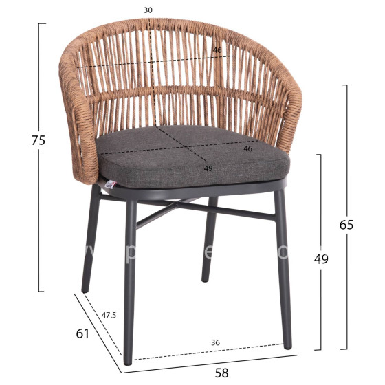 ALUMINUM DINING CHAIR ORIN HM6265.01 DARK GREY FRAME-P.E. RATTAN IN NATURAL 58x61x75Hcm.