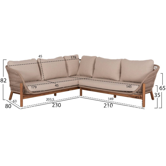 OUTDOOR LOUNGE CORNER 3PCS SET SANJI HM6223 ACACIA WOOD-ALUMINUM FRAME-ROPE