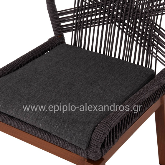 ALUMINUM DINING CHAIR HOWARD HM5547.11 BROWN COLOR--ROPE & CUSHION IN DARK GREY 55.5x60x84.5Hcm.