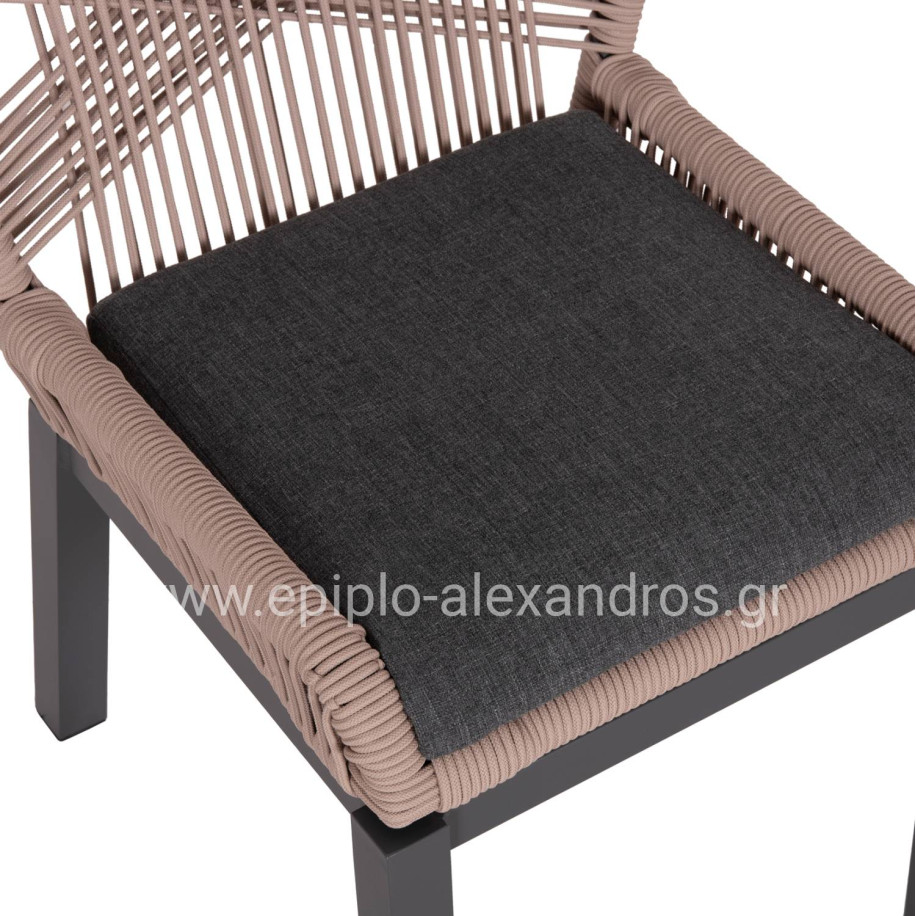ALUMINUM DINING CHAIR HOWARD HM5547.12 DARK GREY FRAME--ROPE BEIGE & CUSHION IN DARK GREY 55.5x60x84.5Hcm.