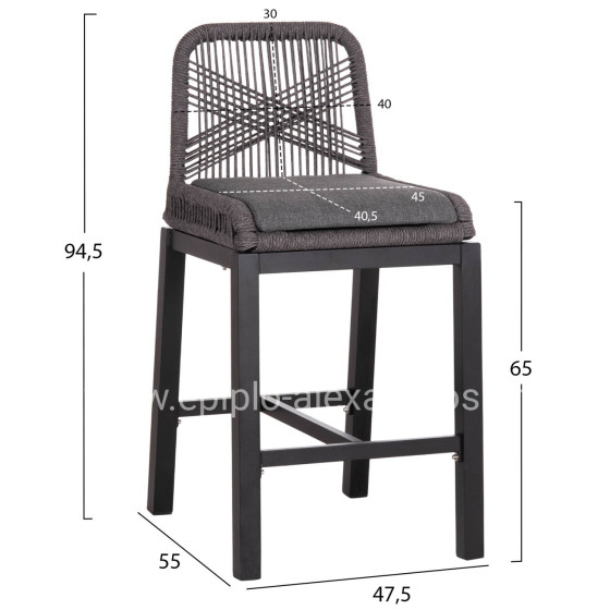 BAR STOOL MEDIUM HEIGHT HOWARD HM5791.23 ALUMINUM IN BLACK--DARK GREY ROPE 47.5x55x94.5Hcm.