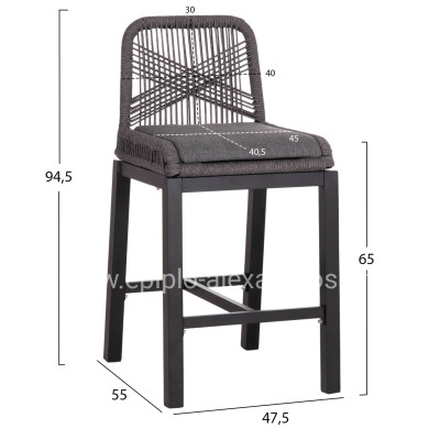 BAR STOOL MEDIUM HEIGHT HOWARD HM5791.23 ALUMINUM IN BLACK--DARK GREY ROPE 47.5x55x94.5Hcm.