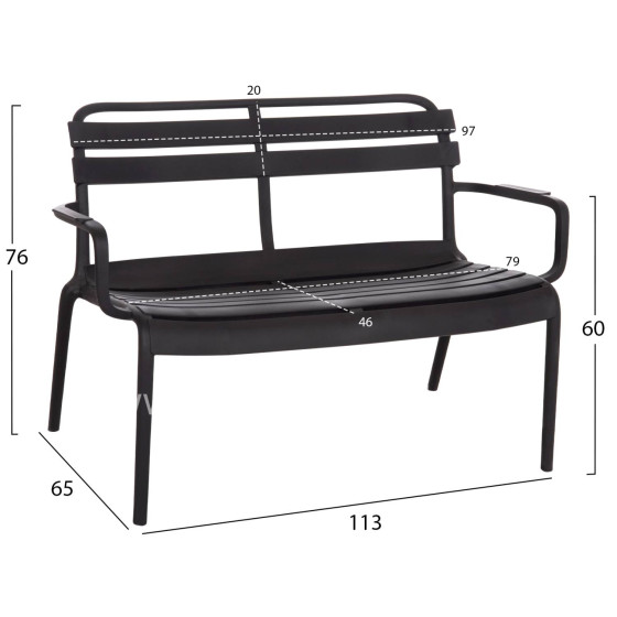 POLYPROPYLENE 2-SEATER BENCH KORVER HM6332.02 BLACK 113x65x76Hcm.