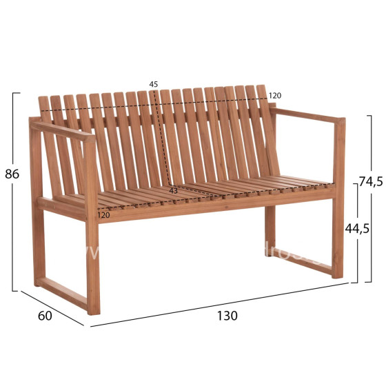OUTDOOR BENCH 2-SEATER VED HM18124 TEAK WOOD IN NATURAL COLOR 130x60x86Hcm.