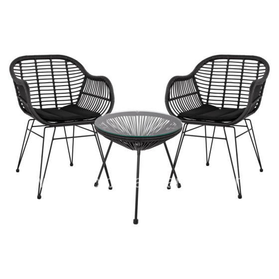 OUTDOOR LOUNGE SET HM11871 3PCS METAL & RATTAN IN BLACK COLOR