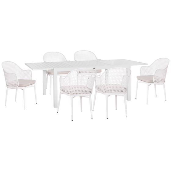 OUTDOOR DINING SET KRUM HM21147 DINING TABLE WITH 6 ARMCHAIRS--WHITE ALUMINUM