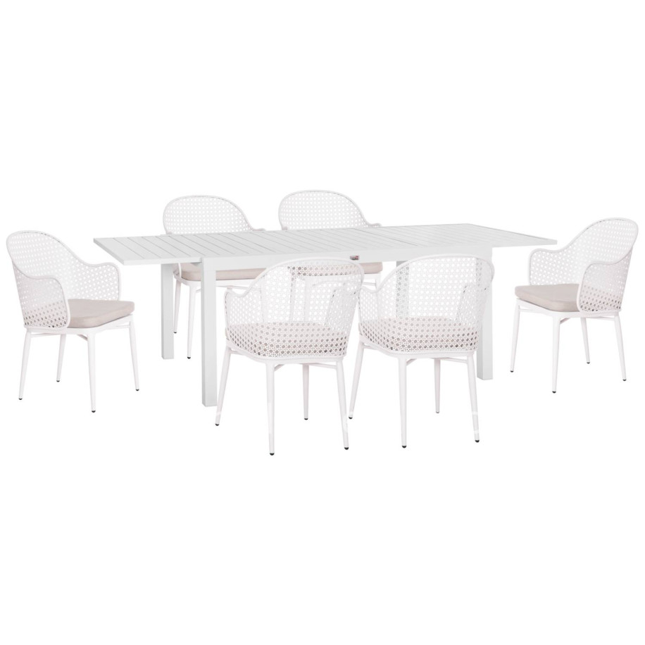 OUTDOOR DINING SET KRUM HM21147 DINING TABLE WITH 6 ARMCHAIRS--WHITE ALUMINUM