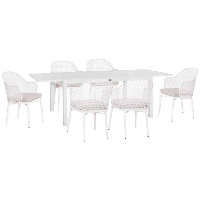 OUTDOOR DINING SET KRUM HM21147 DINING TABLE WITH 6 ARMCHAIRS--WHITE ALUMINUM
