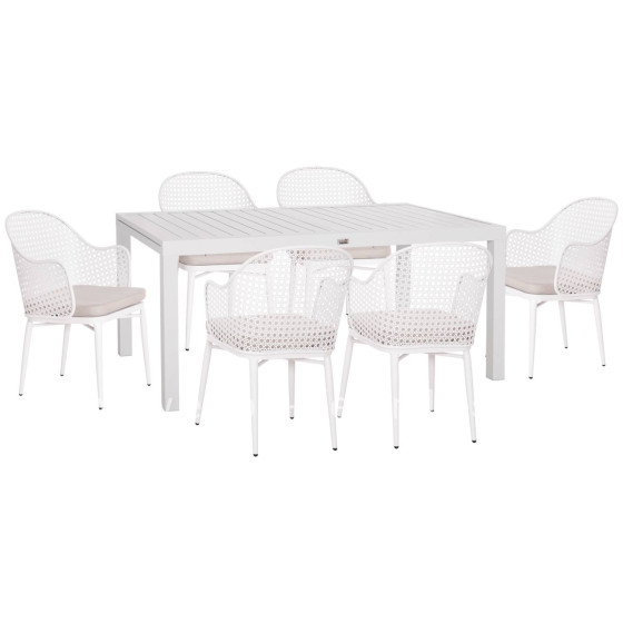 OUTDOOR DINING SET KRUM HM21147 DINING TABLE WITH 6 ARMCHAIRS--WHITE ALUMINUM