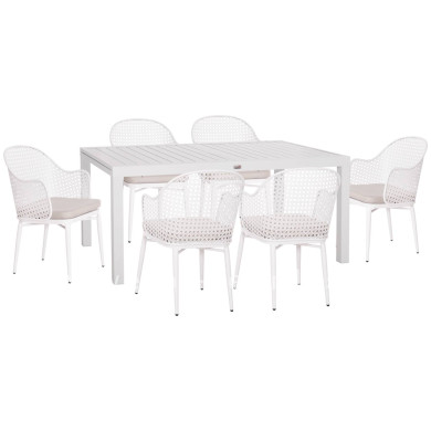 OUTDOOR DINING SET KRUM HM21147 DINING TABLE WITH 6 ARMCHAIRS--WHITE ALUMINUM