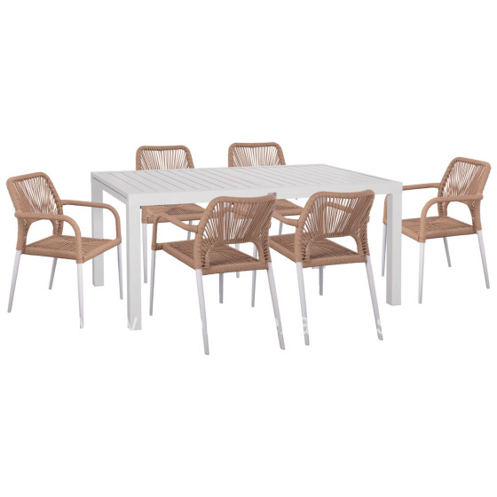 OUTDOOR DINING SET 7PCS KRUM HM21131 WHITE ALUMINUM--P.E.TWISTED RATTAN