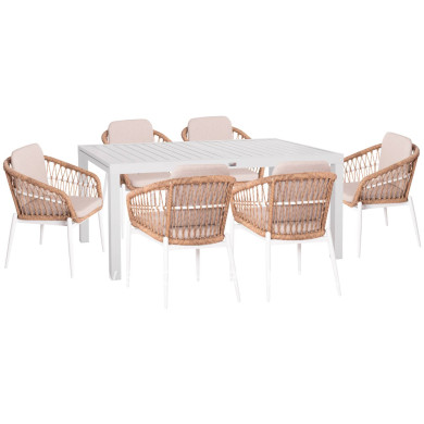 OUTDOOR DINING SET 7PCS KRUM HM21149 WHITE ALUMINUM--P.E. RATTAN