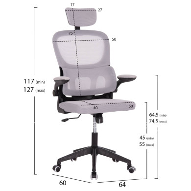 OFFICE CHAIR BASTON HM18236.02 GREY MESH FABRIC & BLACK PP FRAME 64x60x127Hcm.