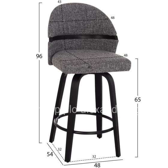 BAR STOOL SWIVEL DEKKER HM18250.03 PLYWOOD IN BLACK--FABRIC IN GREY 48x54x96Hcm.