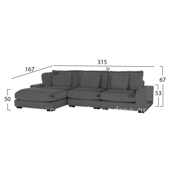 CORNER SOFA LEFT CRANFIELD HM3287.01L GREY CORD FABRIC 315x167(corner)x67Hcm.