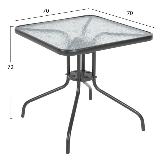 OUTDOOR TABLE SQUARE FIGO HM5036.01 GREY METAL-GLASS TABLETOP 70Χ70Χ72Hcm