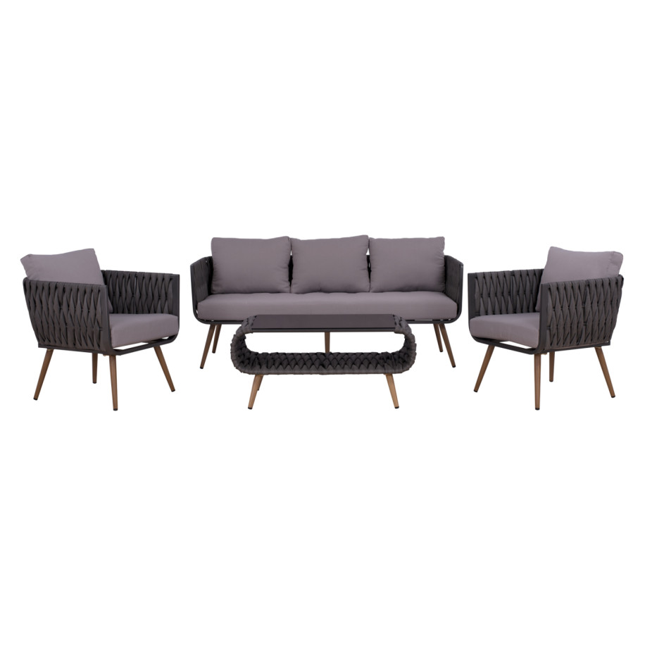 OUTDOOR LOUNGE SET 4PCS VARNAMO HM5282.11 ALUMINUM IN WOOD COLOR-STRAP ROPE IN GREY-TEMPERED GLASS