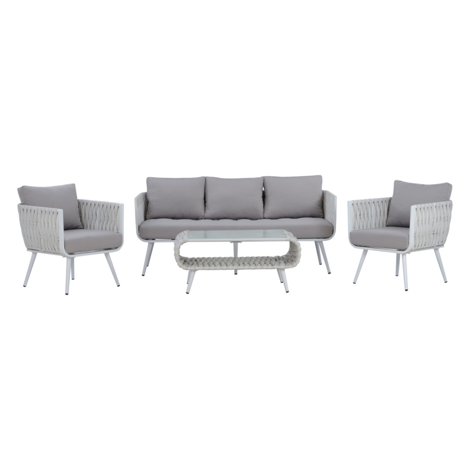 OUTDOOR LOUNGE SET 4PCS VARNAMO HM5282.12 ALUMINUM IN WHITE-STRAP ROPE IN GREY-TEMPERED GLASS