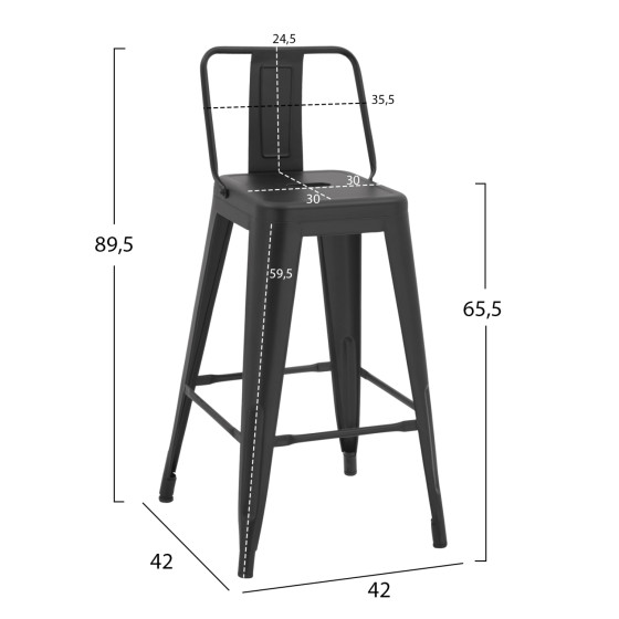 Bar Stool middle height Metalic with back in black matte HM8574.3242x42x89,5cm