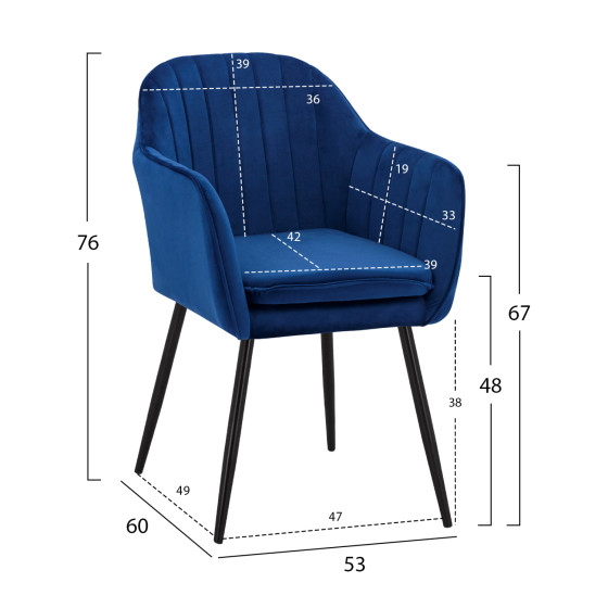 Armchair Sawyer Velvet Blue with black legs HM8523.18 53x60x76cm