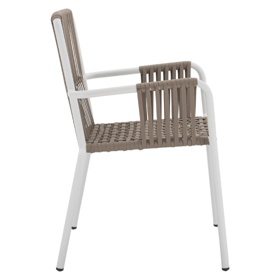 WHITE ALUMINUM ARMCHAIR WITH WIDE ROPE CAPPUCCINO HM5784.01 56x58x85 cm.