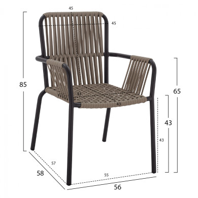 ALUMINUM CHAIR ARMCHAIR WITH WIDE ROPE CAPPUCCINO HM5784.02 56x58x85 cm.