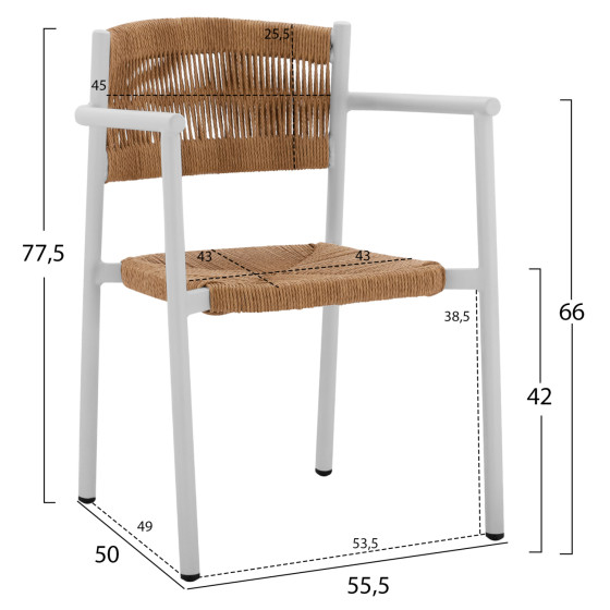 WHITE ALUMINUM ARMCHAIR WITH BEIGE PE ROPE HM5786.01 55,5x50x77,5 cm.