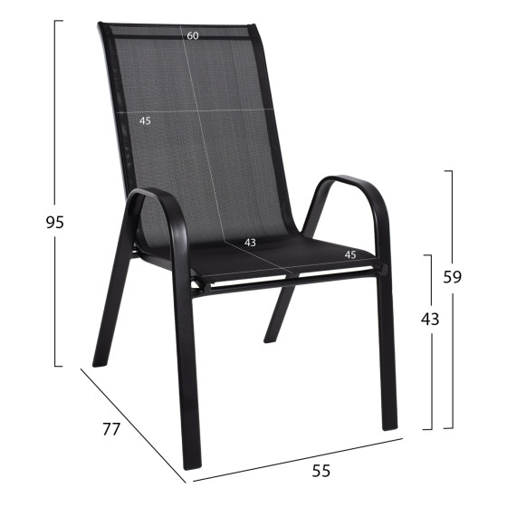 OUTDOOR ARMCHAIR LEON HM5000.03 BLACK METAL-BLACK TEXTILENE 55x77x95Hcm.