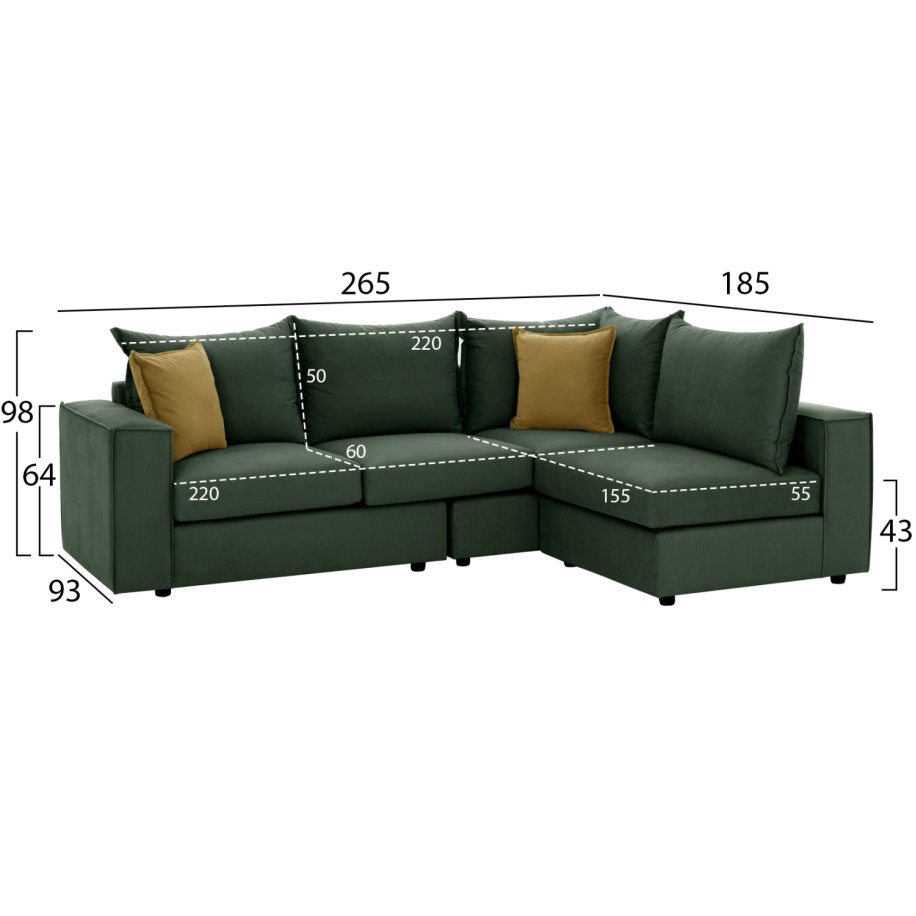 CORNER SOFA MONZA HM3256.17 INTERCHANGEABLE GREEN 265x185x98