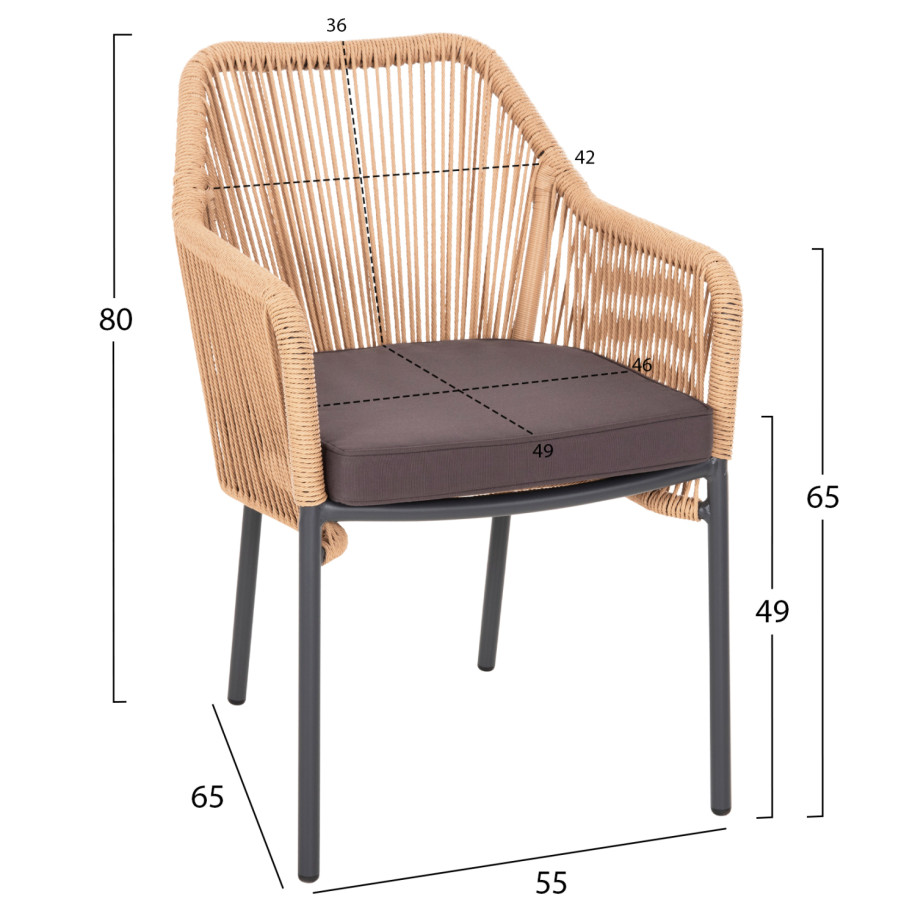 ARMCHAIR ALUMINUM LOKKI HM5855.02 CHARCOAL GREY WITH WICKER ROPE PE 56x66x82