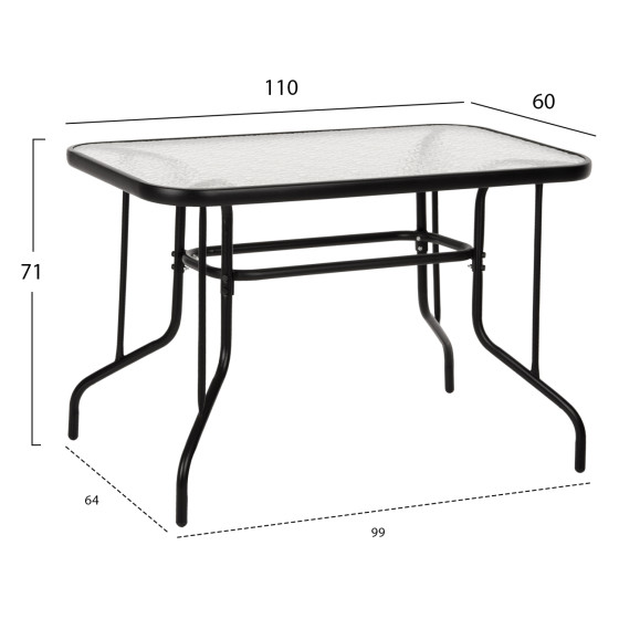 OUTDOOR METALLIC TABLE ADAM HM5020.03 BLACK WITH REINFORCED GLASS TOP 110Χ60Χ71Hcm.