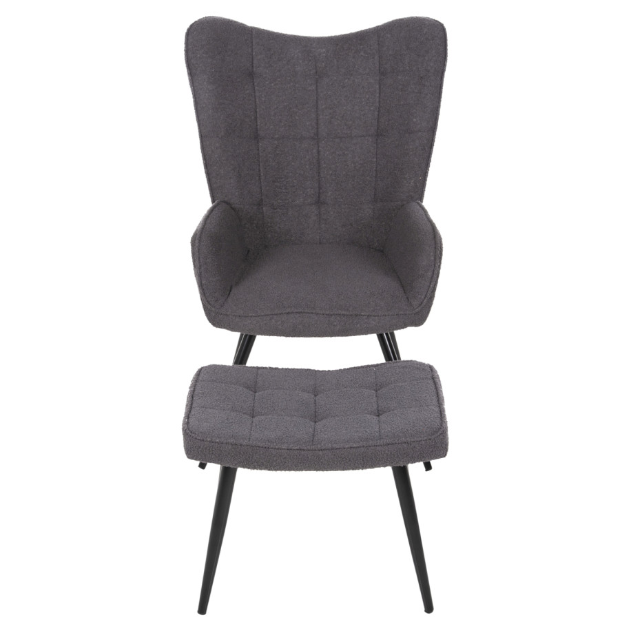 ARMCHAIR CRAWLEY WITH FOOTSTOOL HM8918.21 GREY BOUCLE FABRIC-BLACK METAL LEGS 70x74x105Hcm.