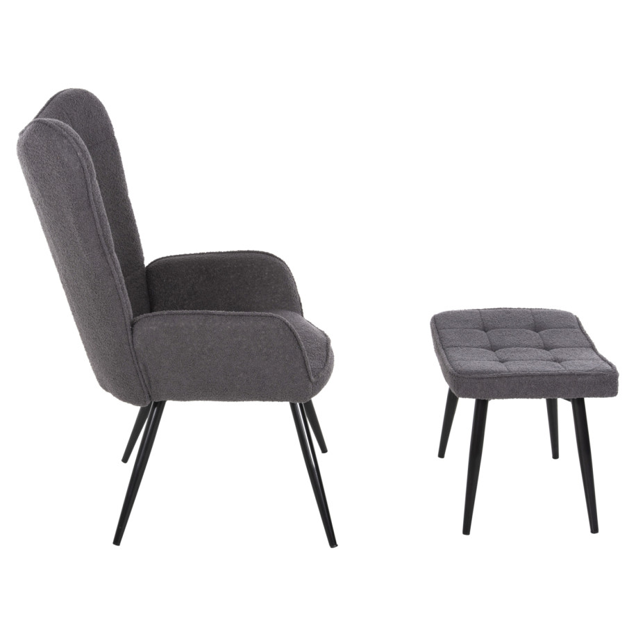 ARMCHAIR CRAWLEY WITH FOOTSTOOL HM8918.21 GREY BOUCLE FABRIC-BLACK METAL LEGS 70x74x105Hcm.