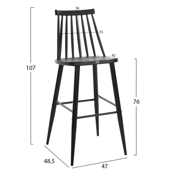 BAR STOOL HIGH SEAT VANESSA HM8459.12 BLACK PP & BLACK METAL LEGS 47x48,5x107Hcm.