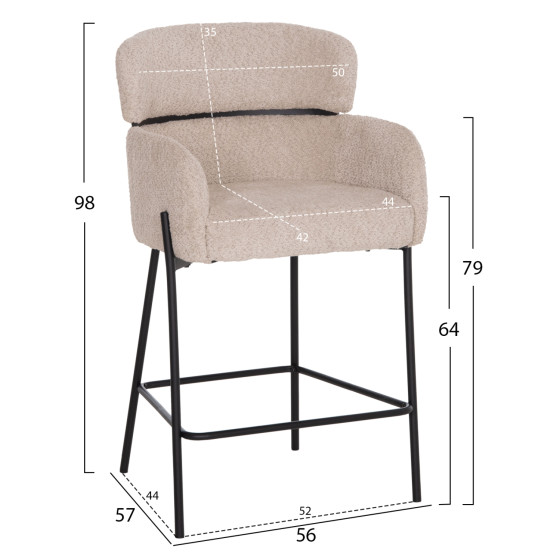 BAR STOOL MEDIUM HEIGHT WOLF HM8584.02 ECRU BOUCLE FABRIC-BLACK METAL LEGS 56x56x96Hcm.