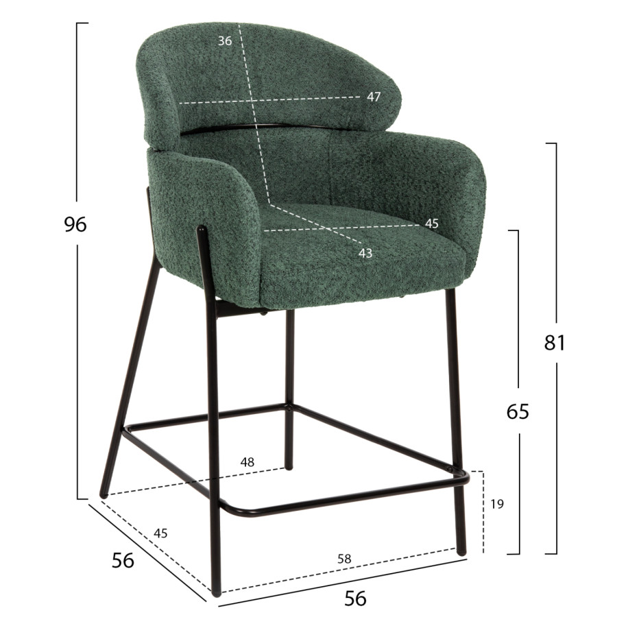 BAR STOOL MEDIUM HEIGHT WOLF HM8584.03 PETROL GREEN BOUCLE FABRIC-BLACK METAL LEGS 56x56x96Hcm.