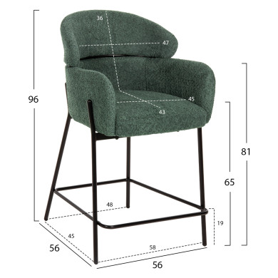 BAR STOOL MEDIUM HEIGHT WOLF HM8584.03 PETROL GREEN BOUCLE FABRIC-BLACK METAL LEGS 56x56x96Hcm.