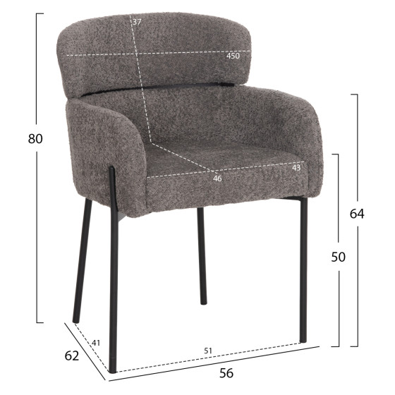 ARMCHAIR WOLF HM8583.01 GREY BOUCLE FABRIC-BLACK METAL LEGS 56x62x80Hcm.