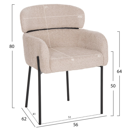 ARMCHAIR WOLF HM8583.02 ECRU BOUCLE FABRIC-BLACK METAL LEGS 56x62x80Hcm.