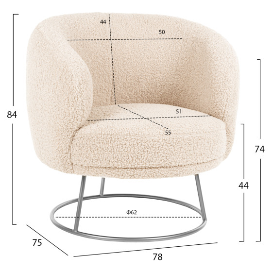 ARMCHAIR ARIEN HM8403.23 BOUCLE FABRIC IN WHITE-SILVER METAL BASE 78x75x84Hcm.