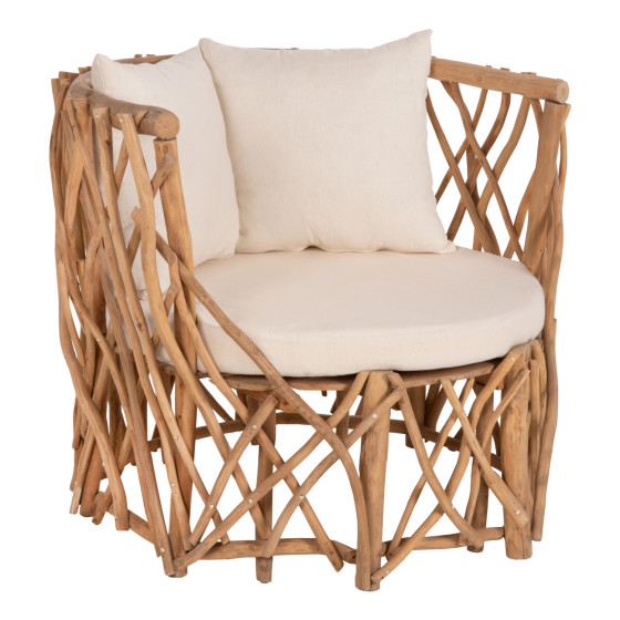 ARMCHAIR KAAN HM5994 TEAK BRANCH IN NATURAL-WHITE CUSHIONS 95x89x80Hcm.