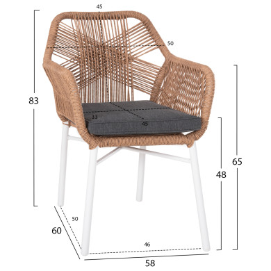 ARMCHAIR OUTDOORS TOPIN HM6048.01 ALUMINUM WHITE-P.E. RATTAN LIGHT BROWN-CUSHION GREY 58x60x83Hcm