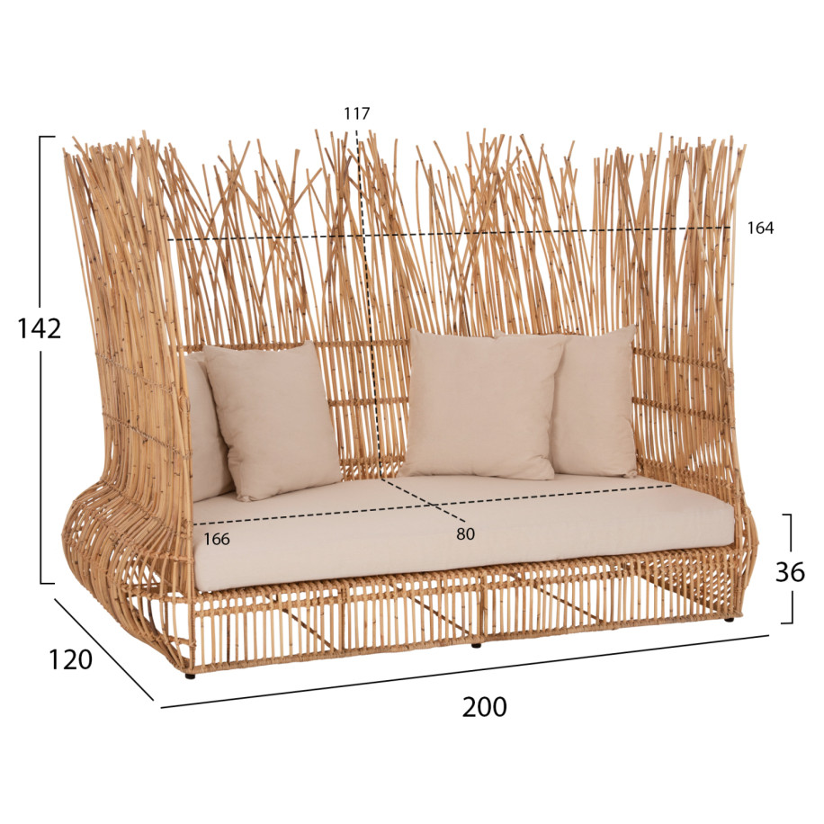 SOFA OUTDOORS ZEPHYR HM5988 RATTAN CANES IN NATURAL-CUSHION SET IN BEIGE 200x120x142Hcm.