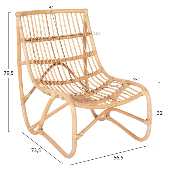 ARMCHAIR GRINN HM9815.01 RATTAN RODS IN NATURAL COLOR 56.5x73.5x79.5H cm.