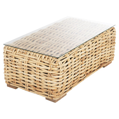 OUTDOOR COFFEE TABLE TROPEL HM9811 MANGO WOOD-NATURAL RATTAN-SAFETY GLASS 110x60x40Hcm.