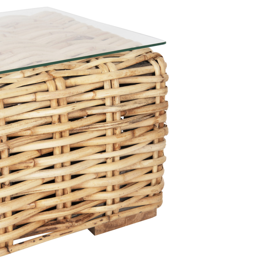 OUTDOOR COFFEE TABLE TROPEL HM9811 MANGO WOOD-NATURAL RATTAN-SAFETY GLASS 110x60x40Hcm.