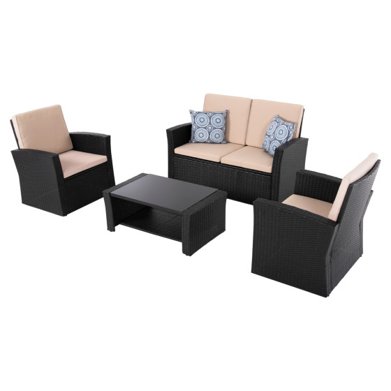 OUTDOOR LOUNGE 4PCS SET THORE HM5978 SYNTHETIC RATTAN IN BLACK-BEIGE CUSHIONS
