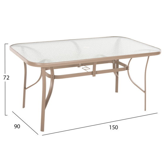 DINING TABLE BRUNO HM5145.14 METAL IN CHAMPAGNE COLOR-TEMPERED GLASS & UMBRELLA HOLE 150X90Χ72Hcm.